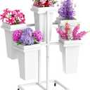 Flower Display Stand with Buckets Wedding Flower Cart with Wheels, White Flower Pot Stand, Moving Florist Bouquet Shelf for Weddings Party Bridal Shower Event Patio Garden Living Room Decor (16.54"L x 12.6"W x 31.5"H)