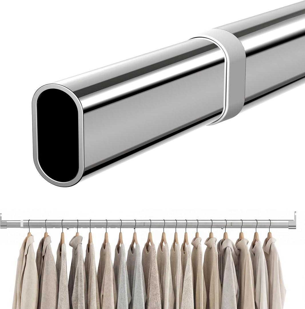 Oval Closet Rod 18-40 Inch Adjustable Closet Rods for Hanging Clothes Heavy Duty Silver Poles Bar with End Supports Rust Proof Wardrobe Rod for Laundry Room RV