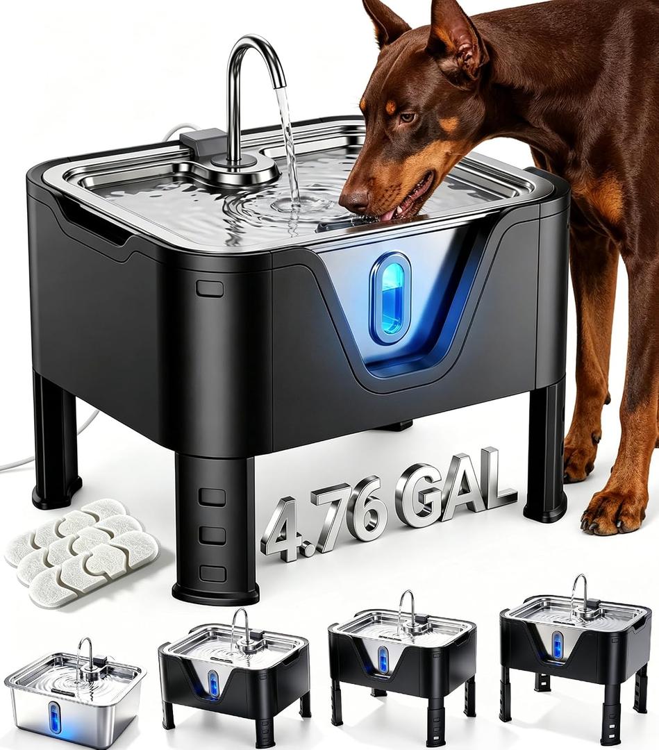 4.75Gal/ 18L Large Dog Water Fountain Elevated Dog Water Bowl & 3 Filters
