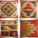 JAIPUR KILIM RUGS Set of 4 Wool Jute Vintage Kilim Cushion Covers,Home Decor Pillowcases Handwoven Turkish Pillow Decorative Throw Pillow Covers (Multicolor7), 18"L x 18"W