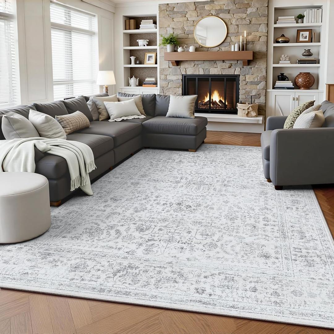 6x9 Area Rugs, Washable Vintage Retro Floral Rug for Living Room, Low Pile Non Slip Distressed Large Carpet for Bedroom, Dining Room, Office, Home (Grey)