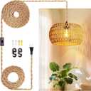 Hanging Lamps Rattan Pendant Light Hanging Lights 16.4ft Plug-in Cord Pendant Light Fixture Plug Into Wall Outlet Pendant Lighting with On-Off Switch for Bedroom Living (12.6 Inch-Drum Shade)
