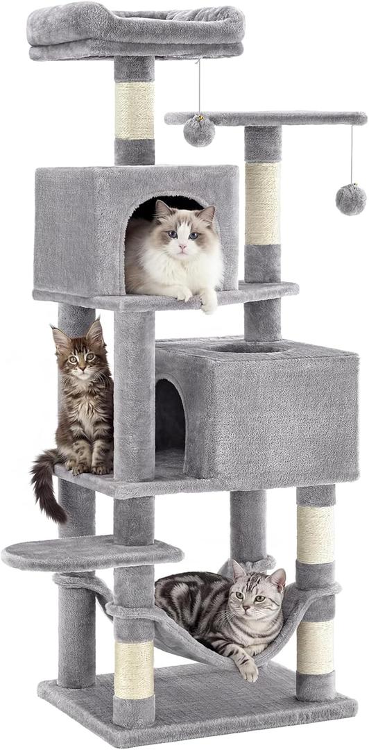 SONGMICS HOME Cat Tree for Indoor Cats, Multi-Level Cat Tower with Sisal Scratching Posts, Hammock and Condo, Light Gray
