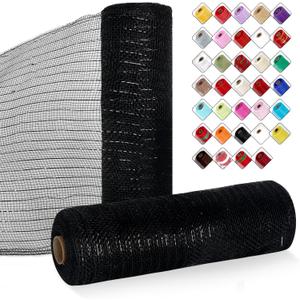 2 Rolls Mesh Ribbon for Wreaths 10 Inch x 30 Foot Wreath Mesh Rolls with Metallic Foil for Easter Christmas Party Wedding Home Decor DIY Craft Projects and Gift Wrapping (Black)