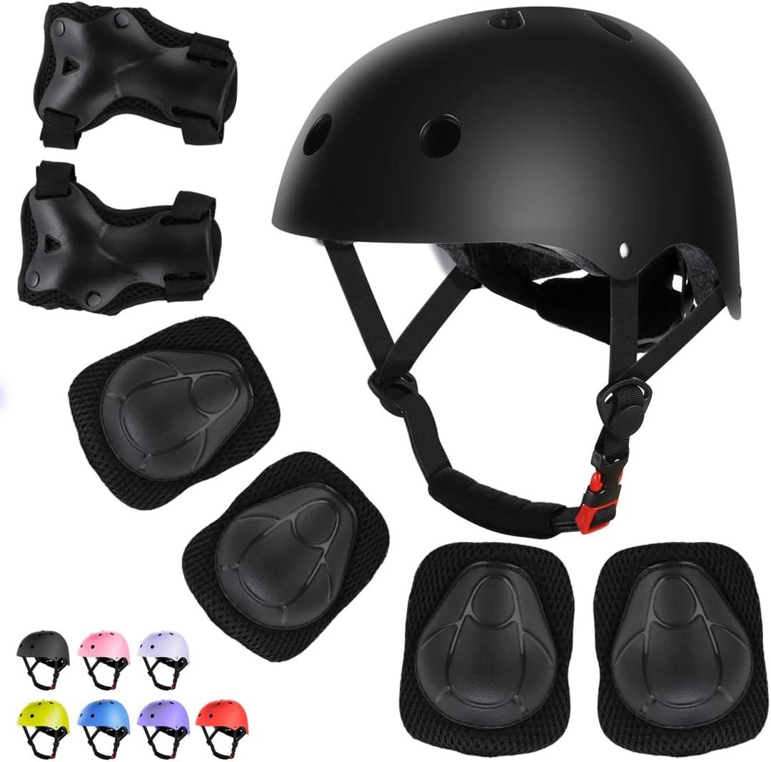 WayEee Kids Bike Helmet Set Skateboard Knee Pads, Helmet Pad Set Protective Gear Set Adjustable for Girls Kids Helmet Elbow Pads Wrist Guards for Sport Cycling Bike Roller Skating Scooter (Black), Size: M (7-14years)