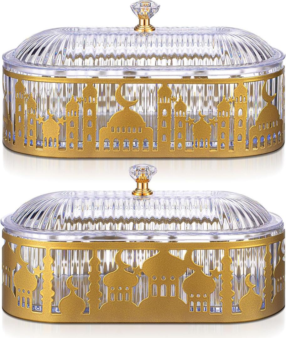 Perthlin 2 Pcs Ramadan Trays with Lid Metal Gold Eid Mubarak Plates Ramadan Moon Candy Dish Table Decorations Food Serving Tray Islam Muslim AlFitr Cookie Storage Container for Eid Party Supplies