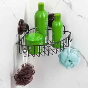 HASKO accessories Suction Cup Corner Shower Caddy - 304 Stainless Steel Shower Shelf - Adhesive 3M Stick Discs Included - Bathroom Caddy with Hooks - No Drilling Bathtub Storage Organizer (Bronze)