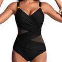 Hanna Nikole Womens One Piece Swimsuit, Tummy Control Wrap Bathing Suit Swim, Modest Ruched V Neck Mesh Swimwear (X-Large, Black)