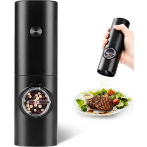 Electric Pepper Grinder or Salt Mill, Battery Powered Automatic Pepper Mill, Ceramic Grinder with Adjustable Coarseness, LED Light, One Hand Operation (1 pack)