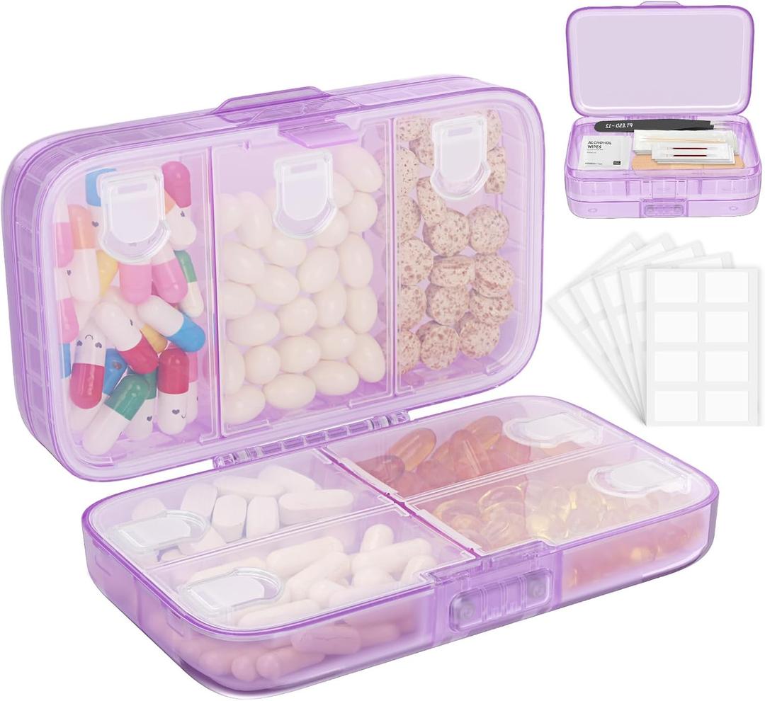 FYY Weekly Pill Organizer with Labels,8 Compartments Travel Daily Pill Case Airtight Moistureproof Large Pill Box to Hold Vitamins, Fish Oil, Supplements,Cotton Swab and Bandages-Purple