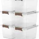 WYT 6-Pack Clear 7 Quart Storage Latch Box/Bins, Plastic Stackable Latching Box with Brown Handle and Lid, Multi-Purpose, 7 Litre