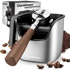 Ourokhome Espresso Knock Box with Lid, Compact Coffee Grounds Container for Home Coffee Bar, Removable Knock Bar, 304 Stainless Steel Exterior, Non-Slip Base & Handle, Easy Clean