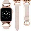 Minyee Leather Bands Compatible with Apple Watch Band 38/40/41/42/44/45/46/49mm Women, Slim Thin Dressy Designer Strap with C-Shape Metal Buckle for iWatch Series 11 10 9 8 7 6 5 4 SE/Ultra 3 2 1 (Starlight/Rose Gold)