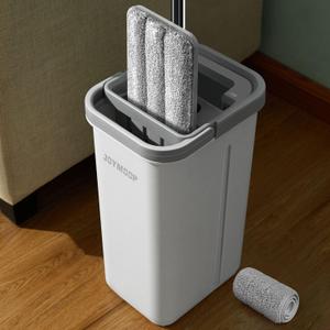 JOYMOOP Easy Clean and Self-Squeezing Microfiber Flat Mop and Bucket System, Mops for Floor Cleaning and Wall Cleaner, Hardwood, Tile, Laminate, Vinyl Floors, Smooth Walls, and Glass Windows (Middle White Bucket #13 + 50" Flat Mop + 1 Pad)