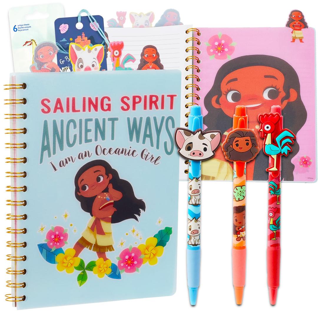 Moana Journal with Pens Set - Bundle with Moana Spiral Notebook with Divider Tabs Plus 3 Pens, Bookmark, More | Moana Diary Set for Kids