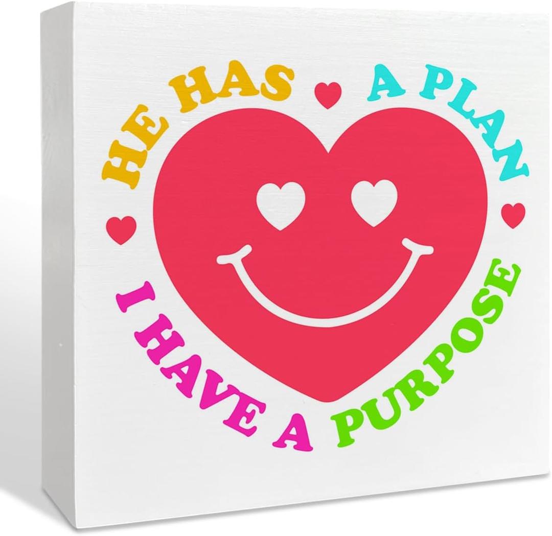 Neon Smiley Funny Christian Jesus Wood Box Sign Decor for Home Office, He Has A Plan I Have A Purpose, Religious Faith Christian Wooden Box Sign Decorations Gifts for Women Men