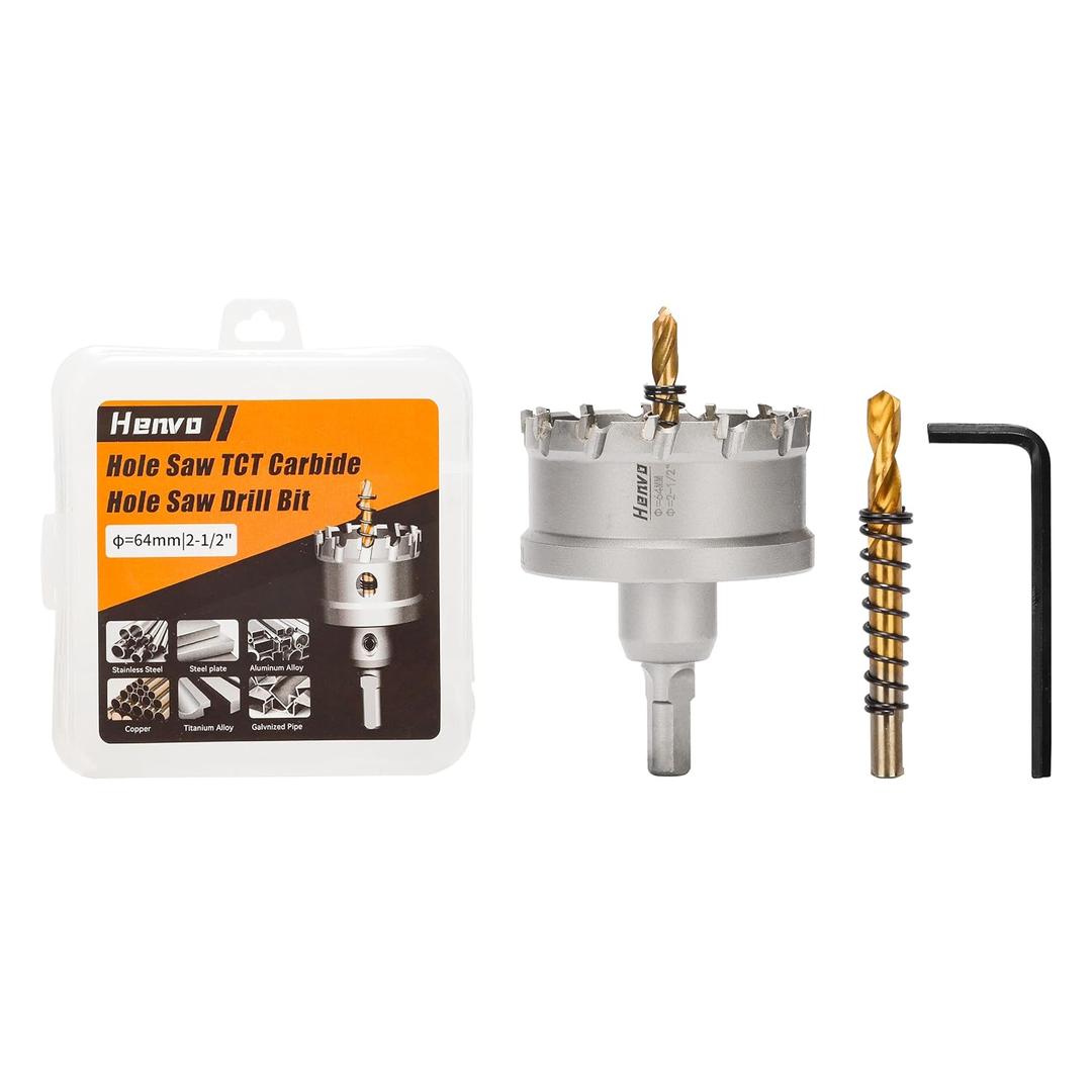Hole Saw 2-1/2" (64mm) Heavy Duty Carbide with 2 Pilot Drill Bits - Metal Hole Cutter Cuts Stainless Steel, Iron, Copper, Brass, Plastic