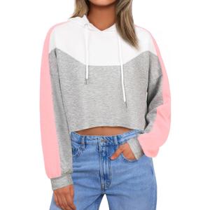 FAIRY SEASON Women Cropped Hoodies Long Sleeve Oversized Hooded Sweatshirt Color Block Crop Top Shirt Y2K Workout Pullover (Small, Pink)