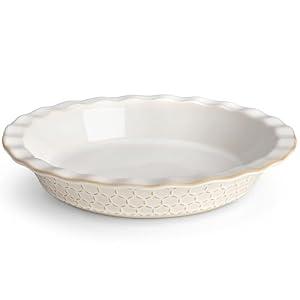 MALACASA Pie Dish for Baking, Stoneware Pie Pan 9 Inch, Embossed Deep Dish Pie Pans, 45 OZ Round Baking Dish Pie Pan, Fluted Dish Pie Plate for Apple Pie, Quiche and Tart, Set of 1, Series LYDIA