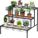 Plant Pot Stand Shelf, 3 Tier Flower Ladder Display Rack, Metal Succulent Plants Storage Holder for Outdoor and Indoor, Black