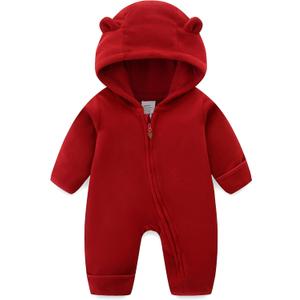 Newborn Baby Bear Onesie Winter Snowsuit With Fold-over Mittens & Footies Zip Up Baby Fleece Jumpsuit 12-18M