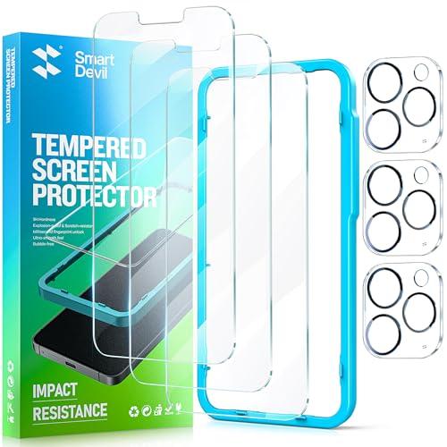 SMARTDEVIL 3 Pack Screen Protector for iPhone 14 Pro with 3-Pack Camera Lens Protector, 9H Clear Tempered Glass Film [Military Grade Shatterproof], Alignment Frame,pc2