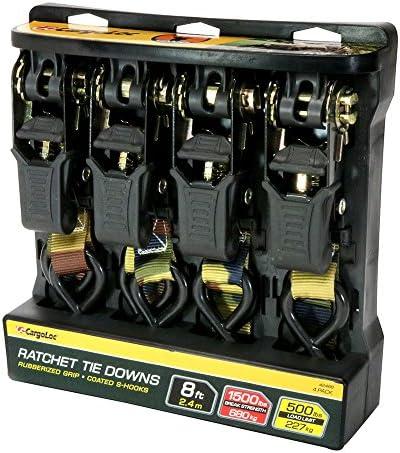 Cargoloc Premium Ratchet Tie Downs - 4 Pk - 8 Ft - 500 Lbs Load Cap - 1,500 Lbs Break Strength - Cargo Straps for Moving Appliances, Lawn Equipment, Motorcycles, etc. - CAMO