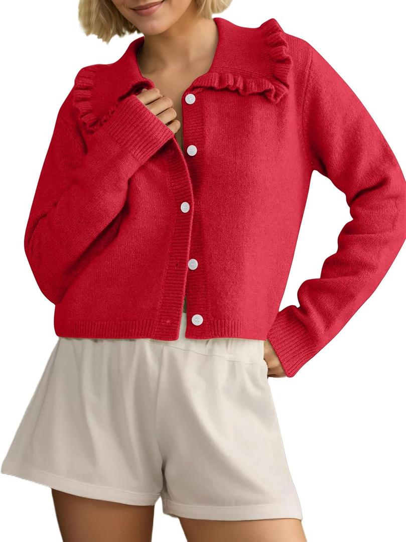 Ythomm Womens Ruffle Collar Cropped Cardigans Button Down Open Front Long Sleeve Knit Sweater Jackets Casual Solid Fall Tops (X-Large, Red)