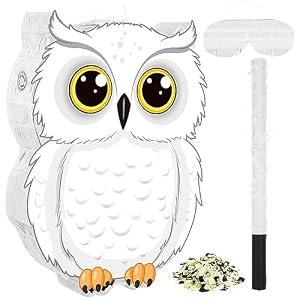 Aoriher Owl Piñata with Stick Blindfold Confetti 3D White Snowy Owl Piñatas Set for Woodland Forest Wizard Animal Party Shower Game Birthday Party Decorations Supplies