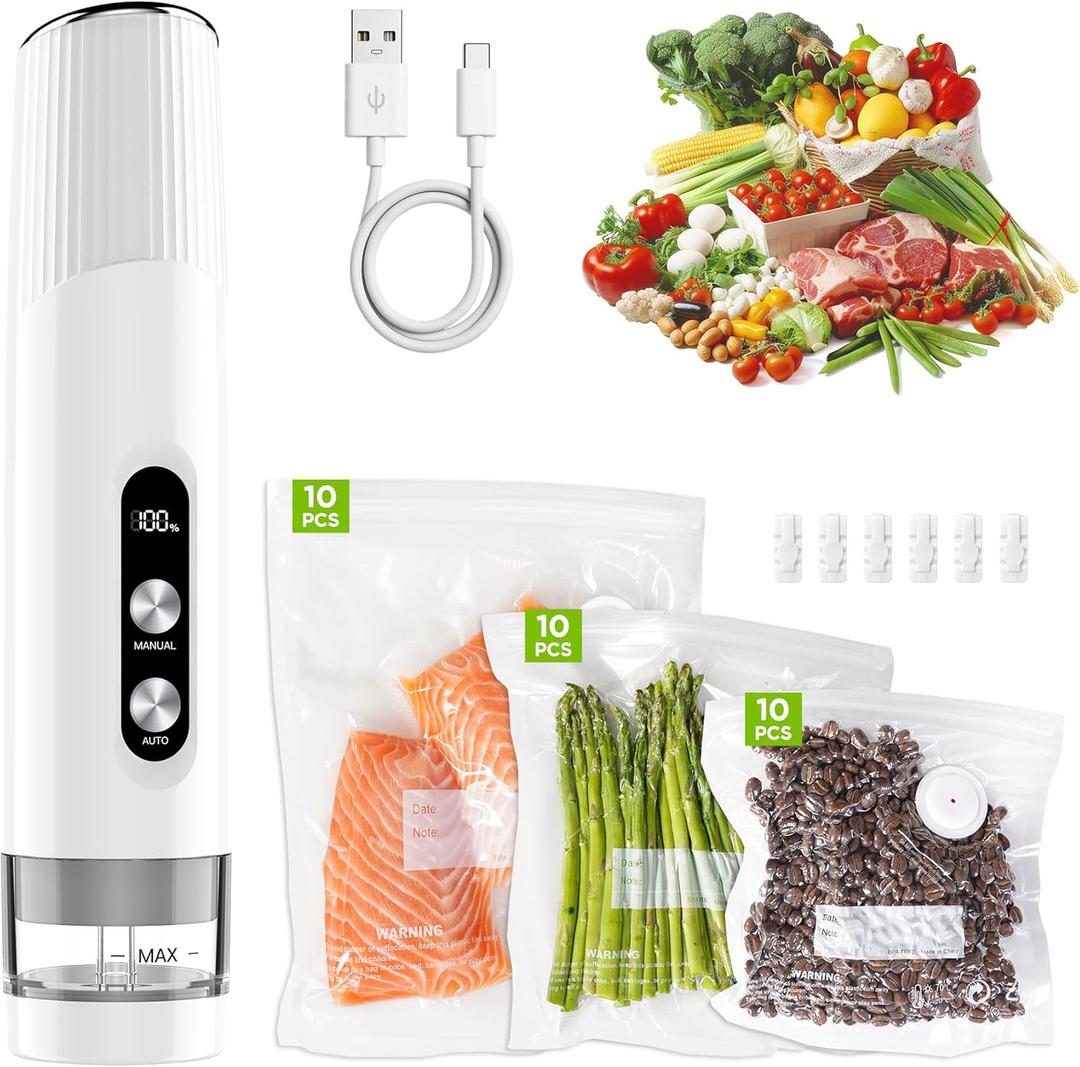 Compact Vacuum Sealer for Food, Cordless Handheld Vacuum Sealer Machine with 30 Reusable Bags, 1800mAh Rechargeable Portable Food Saver for Sous Vide, Meal Prep, Meat & Vegetables