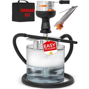 Portable Hookah Set with Everything - YADO Acrylic Hookah Kit To Go - Sisha Hooka Set with Charcoal Holder Heat Management Device, Black Silicone Hooka Bowl, Hose and Bag - Hookah Machine (Silver With Acrylic Bottom + Stainless Steel Stem)