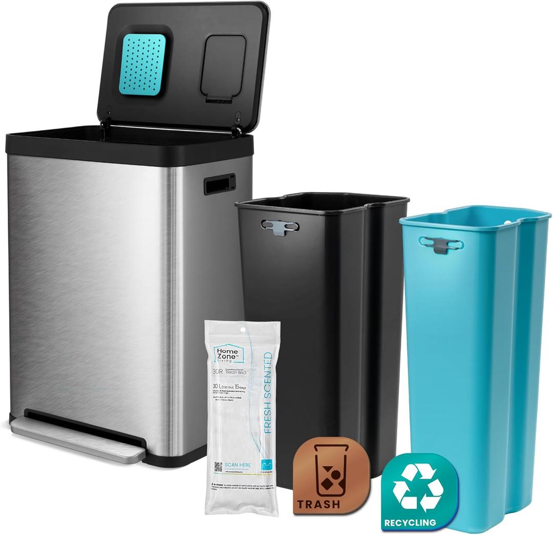 Home Zone Living 19 Gallon Kitchen Trash Can with Dual Compartments for Recycling, CleanAura Odor Control, Stainless Steel, Silver, 70 Liters Total, Gen 2