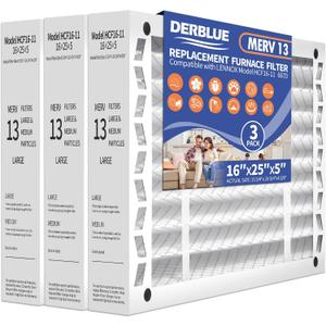 DerBlue 3PACK 16x25x5 MERV 13 Furnace Filter Replacement Compatible with Lennox X6670 HCF16 Pleated HVAC,Foldable Design for Easy Installation & Space-Saving(Actual Size: 15.75 x 24.75 x 4.38in)