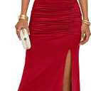 MEROKEETY Women's Wedding Guest Dress Summer Sleeveless Halter Backless Slit Ruched Beach Cocktail Formal Maxi Dresses (Large, Red)