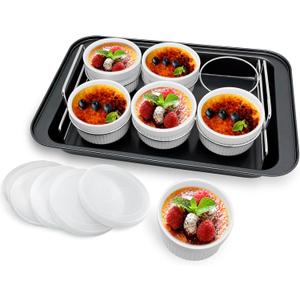 Ramekins Set with 6 Silicone Lids, Mothers Day Gifts Creme Brulee Making Set, Set of 6 Porcelain Ramekins, Oven Safe Covered Bowls & Souffl Ramiken