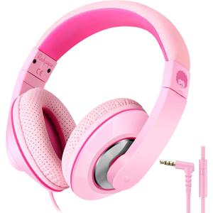 rockpapa Comfort+ Kids Headphones with Microphone, Boys Girls Student Over-Ear Headphones Wired Foldable for School Classroom Laptop PC Computer Tablet Pink