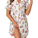 LYANER Women's Printed Nightgown Short Sleeve Sleepshirt Button Down Nightshirt Sleepwear Burger and Fries White Large