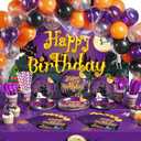 277 PCS Halloween Party Supplies Full Set Happy Birthday Decoration Backdrop Balloons Disposable Plates Tablecloth for Halloween Home Decor and Tableware, Serves 24