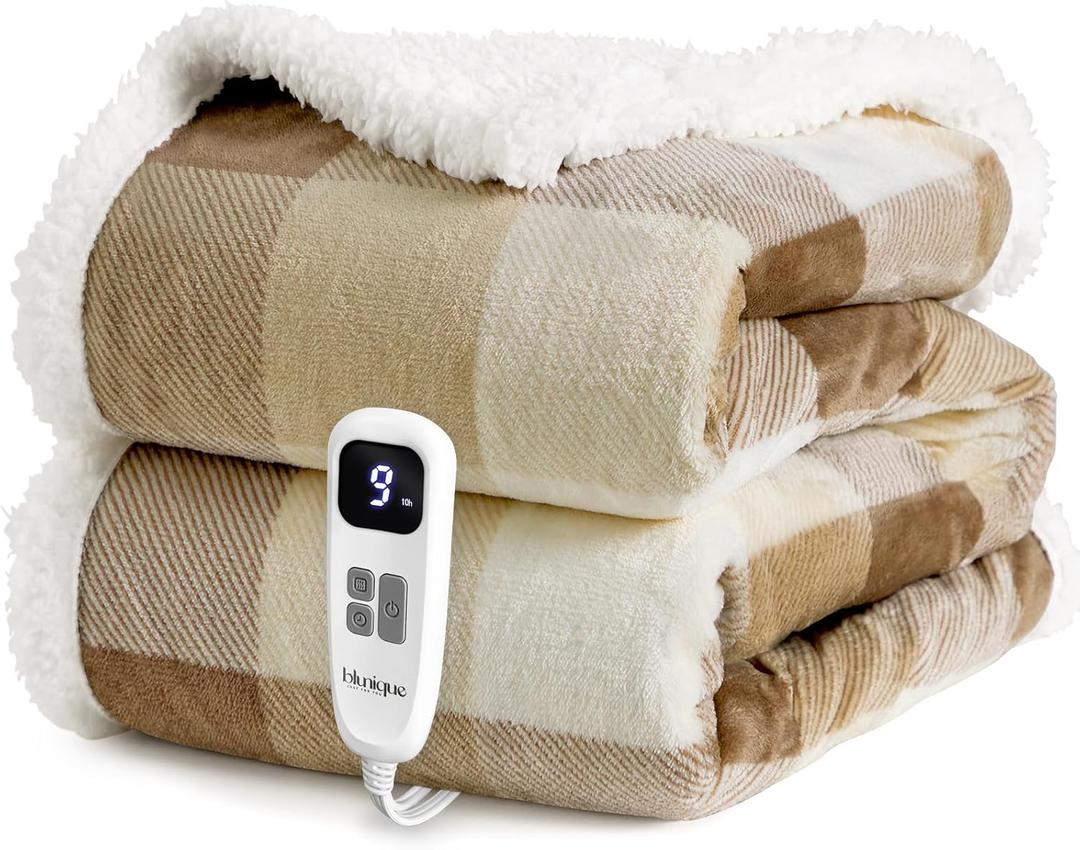 Heated Blanket Electric Throw-50''x60''Ultra Soft Cozy Plaid Flannel Fast Heating Electric Blanket with 10 Heat Levels & 10 Hours Auto Off, ETL Certified, Keep Warm in Couch Bed Office(Khaki)