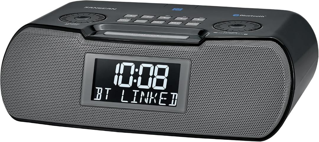Sangean RCR20 AM/FM Clock Radio with Bluetooth, Auxin, USB Phone Charging, Digital Tuning, Battery Backup, Black