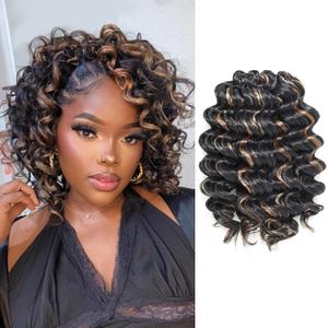 ToyoTress Ocean Wave Crochet Hair - 9 Inch 8 Packs Brown Blonde Highlight Ocean Wave Braiding Hair, Beach Curl Deep Twist Water Wave Short Curly Synthetic Hair Extensions (9Inch, P1B/30/27-8P)