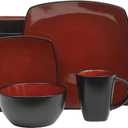 Gibson Elite Soho Lounge Square 16-Piece Dinnerware Set, Service for 4, Reactive Glaze Stoneware Plates and Bowls, Modern Dishes, Microwave & Dishwasher Safe – Red and Black