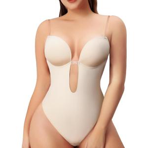 Women Shapewear Backless Body Bra Shaper Womens Plus Size Plunge Invishaper Low Back Thong Bodysuits Open Crotch Daily Use (Large, Beige)