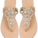 AIJIVOU Women's Rhinestone Flat Sandals, Women Flip Flops with Clip Toe RingBeadeed Rhinestone Crystal Jeweled Sandal Shoes for Summer Beach Oceanside Holiday Outdoor (11, Gold#2)
