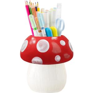 Ceramic Mushroom Pencil Holder, Multi-function Mushroom Cup Storage for Makeup Brush/Toothbrush, Cute Ornament Decor for Home, Bedroom, Office, Kawaii Gifts for Women/Girl/Kids for Birthday/Xmas, Red