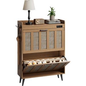 ChooChoo Shoe Storage Cabinet with 2 Flip Drawers, Deodorizing Shoe Organizer Storage for Entryway, Freestanding Hidden Slim Narrow Shoe Rack Cabinet, Rustic Oak