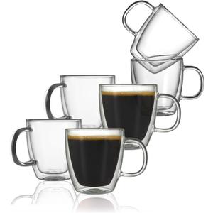 CNGLASS Insulated Espresso Glass Mugs 5.4oz/160ml, Small Clear Coffee Mugs Set of 6, Double Wall Glass Cups with Handle for Tea and Macchiato