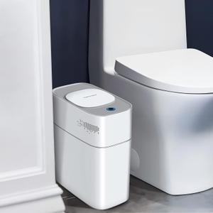 JOYBOS Bathroom Trash Can with Lid, 3.8 Gallon Slim Garbage Can, Small Plastic Trash Bin, Narrow Motion Sensor Trash Can for Bedroom, Rv, Office White