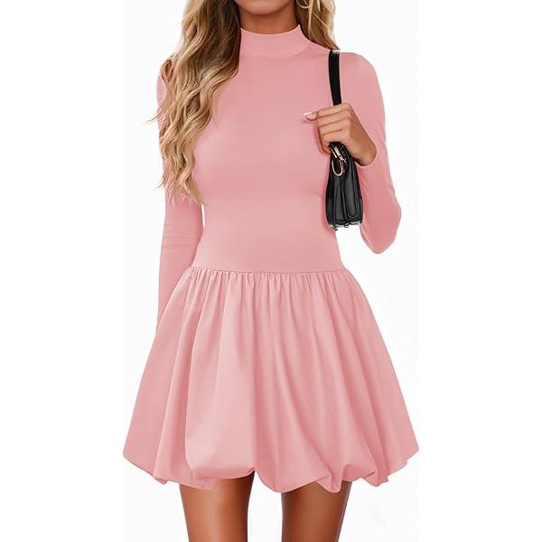 Wenrine Women Long Sleeve Bubble Mini Dress Bodycon Mock Neck Casual 2025 Cocktail Club Party Dresses Pink (Large)