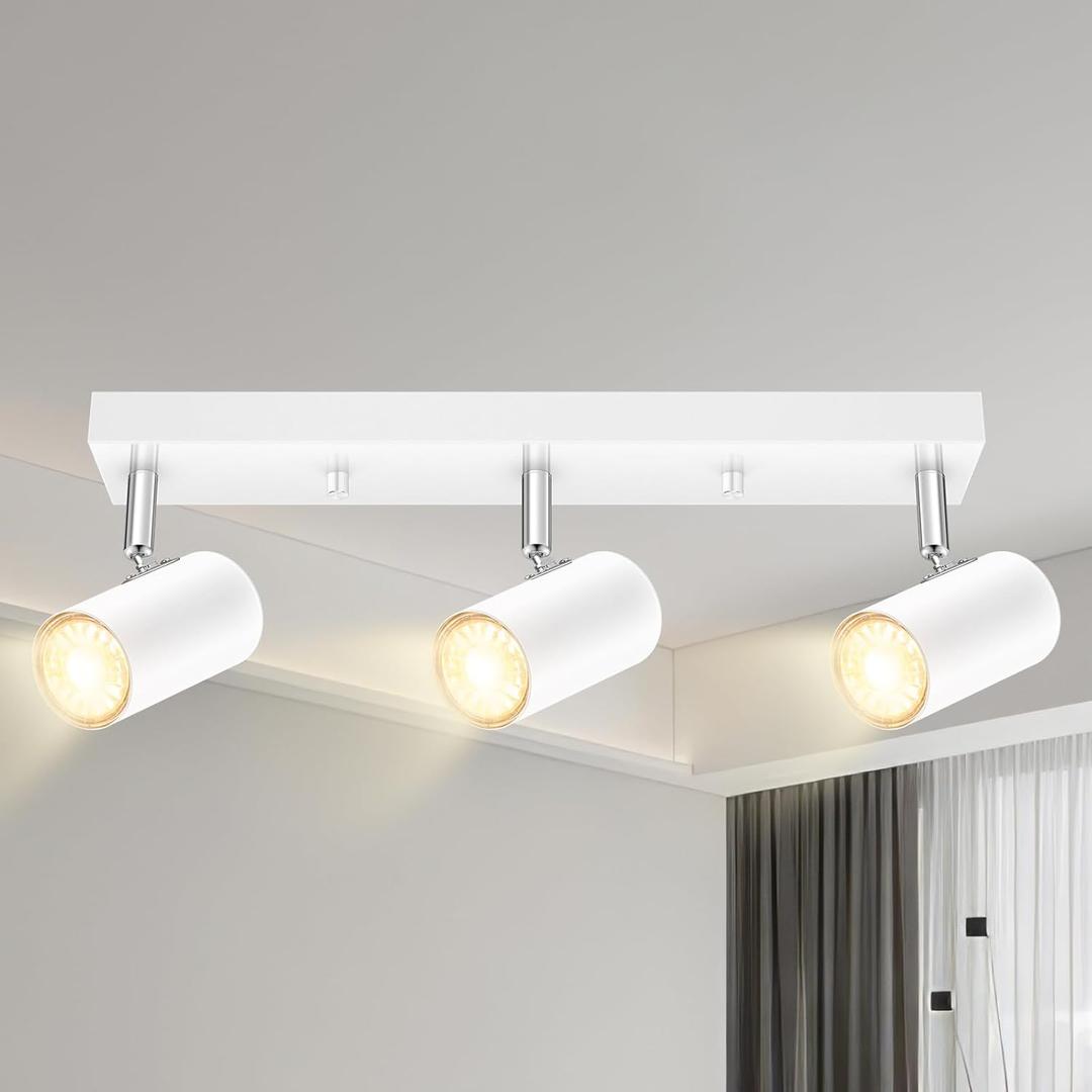 Plug in Track Lighting, 3 Light Ceiling Lighting Kit, White 3 Way Modern Wall Spotlight, 15 FT Cord,Flexibly Rotatable Complete Light Kits for Kitchen Cabinet Gallery Bar Living RoomNo Bulb